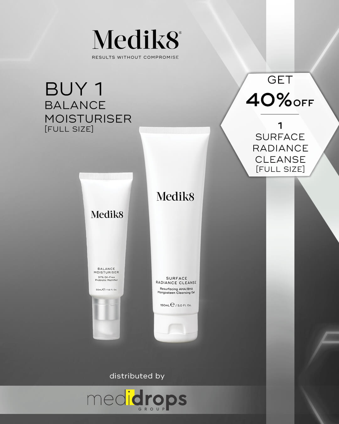 Combo Medik8 Balance Moisturiser & Glycolic Acid Activator 50ml + Surface Radiance Cleanse 150ml